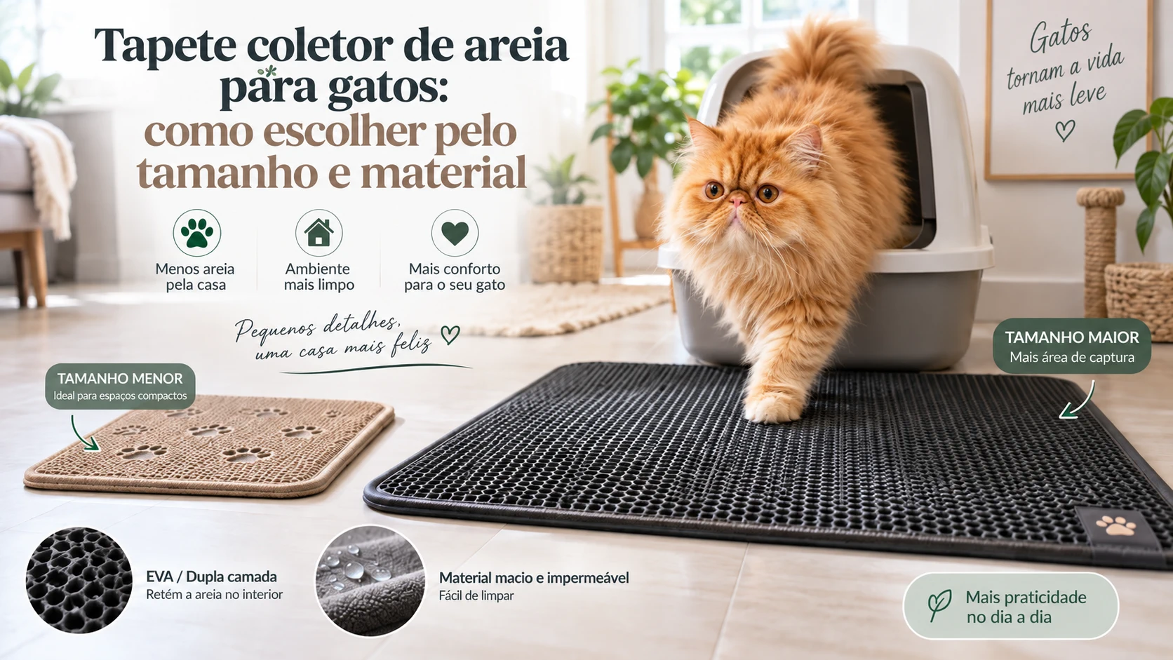 Gato saindo da caixa de areia sobre tapete coletor de areia grande em apartamento
